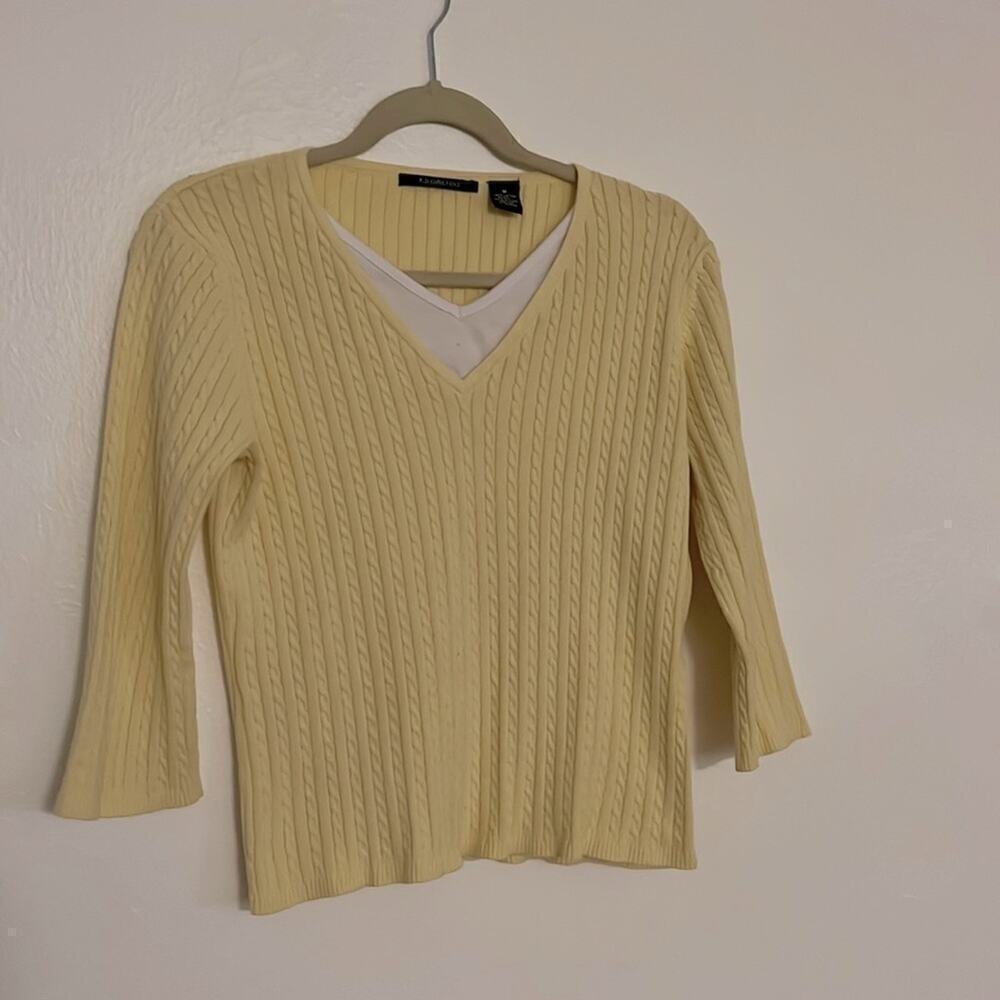 K b Collections Pastel Yellow Cotton 3/4 Sleeve Cable Knit Sweater Size M